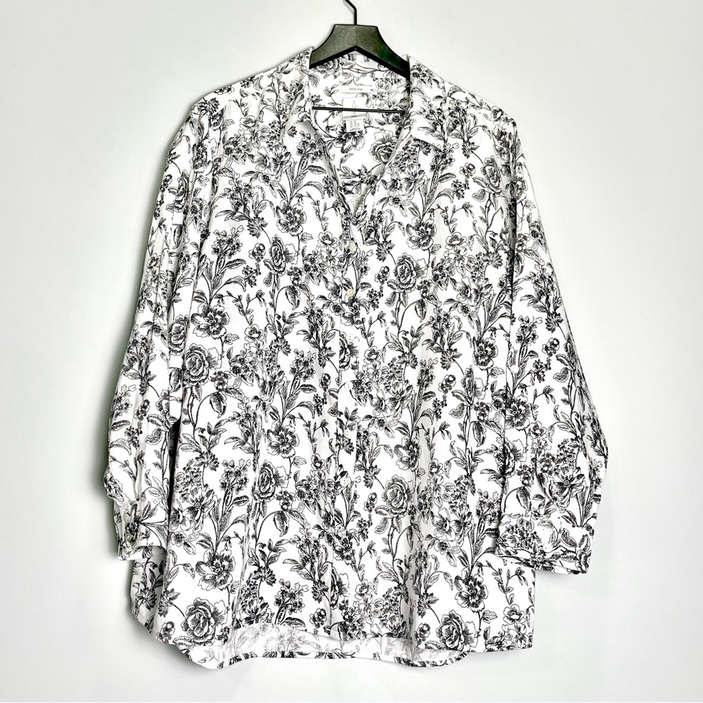 JOIE Women's 100% Linen Long Sleeve White Black Floral Print Top Blouse Size 3X